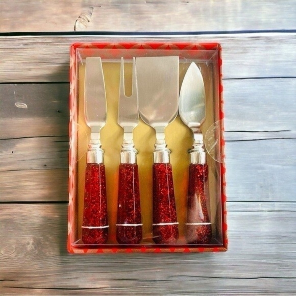 Wild Eye Designs Cheese Knives Set of 4 Red Sparkle Acrylic Handle Stainless NIB